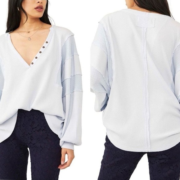 Free People-We The Free Light Gray Waffle Knit Top Sz XS - Picture 1 of 9